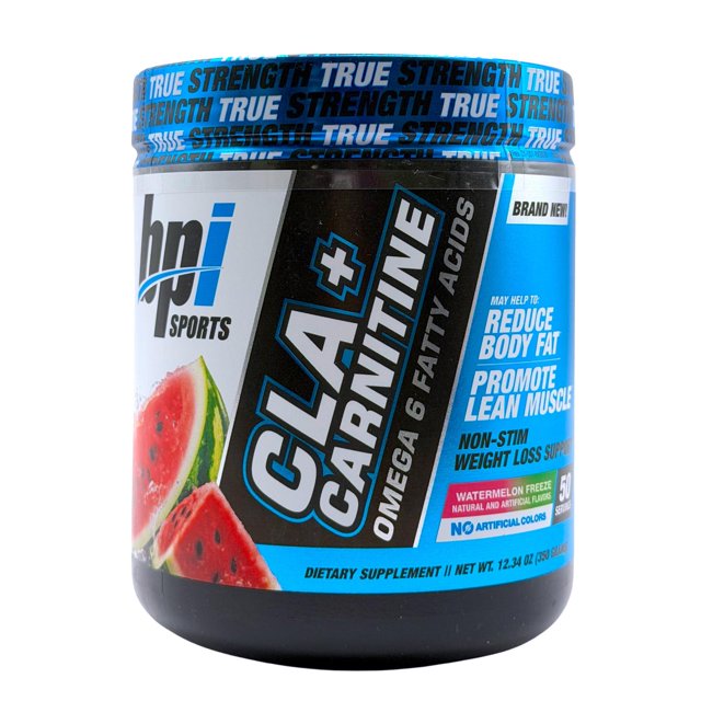 cla+ carnitina 350 grs sabor sandía bpi sports Frasco negro frontal con etiqueta azul y blanca que muestra "CLA + CARNITINE", logotipo BPI Sports y gráfico de rodajas de sandía; suplemento en polvo 50 servicios con instrucciones de uso impresas en la etiqueta, adecuado para llevar en rutinas de gimnasio como complemento de bebida preparada.