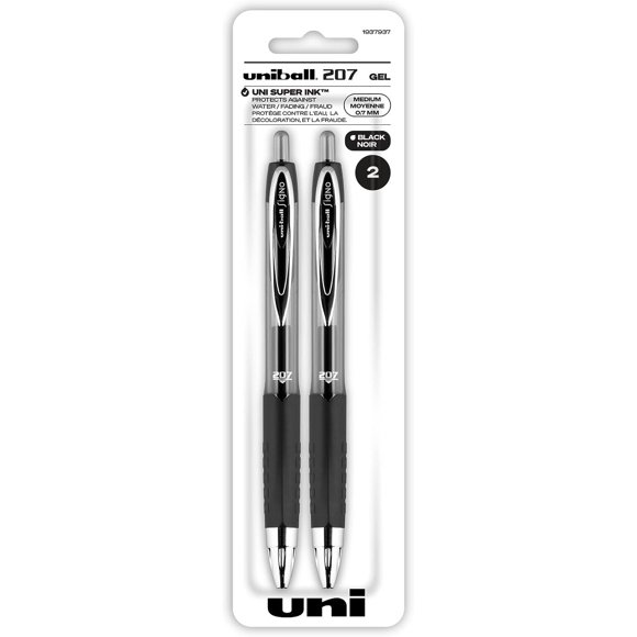 Uniball 207 Bolígrafo de gel retráctil, punta media, 0,7 mm, tinta negra, 2 unidades
