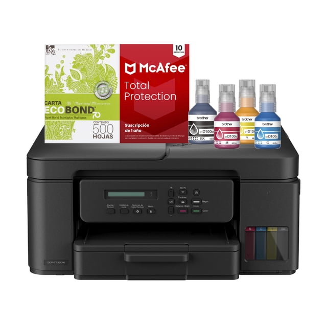 kit multifuncional brother dcp-t730dw inkbenefit wifi adf + kit de tinta + papel + antivirus — Brother DCP-T730DW vista frontal centrada: impresora 3 en 1 negra con pantalla LCD de una línea y panel de control, bandeja de 150 hojas, ADF superior y tanque de tinta lateral visible; incluye 2 botellas negras y botellas cian, magenta y amarilla, pack de 500 hojas carta y licencia McAfee Total Protection (12 meses). A menudo usada también para imprimir documentos y fotos en oficinas pequeñas.