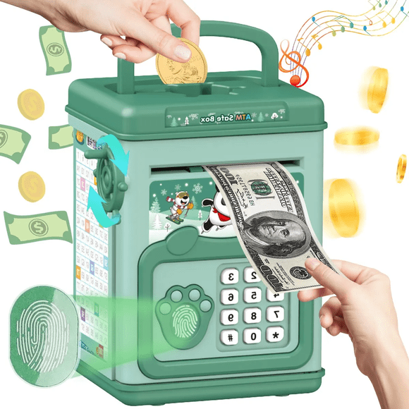 Caja de Ahorros Para Niños, Cajero Automático y Caja Registradora, Caja de Ahorros de Moneda de Código, Caja Fuerte de Dibujos Animados, Regalo de Juguete Para Niños. (Verde)