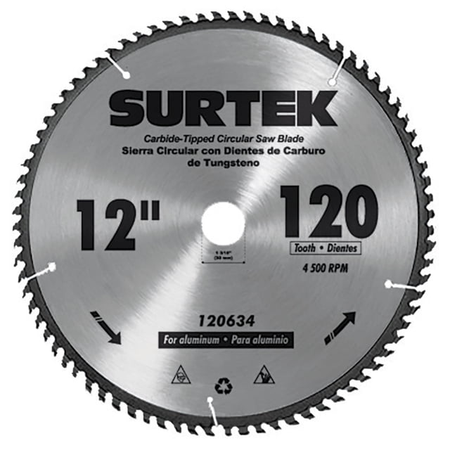 disco para sierra circular surtek 16in 100 dientes para madera, vista frontal centrada de disco gris de 16 pulgadas con 100 dientes de carburo y marca Surtek, centro 1 3/16 in con bujes incluidos de 25 mm y 1", para corte de madera con velocidad máxima 2500 rpm; también suele usarse para cortar plantillas y piezas de carpintería fina.