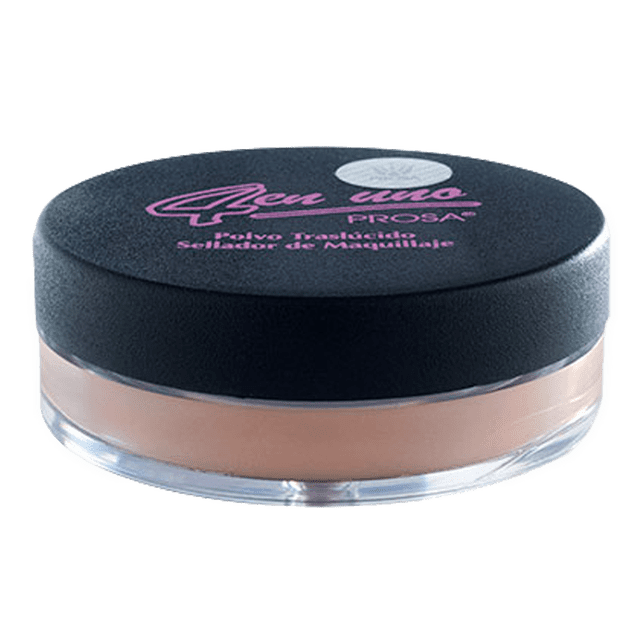polvo sellador maquillahe natural 2 prosa 15 g prosa Tarro compacto de Polvo sellador Prosa, vista frontal centrada; tapa negra mate con logo rosa y base transparente que muestra polvo tono piel apiñonada, formato 15 g; diseñado para matificar, empolvar y sellar base de maquillaje.