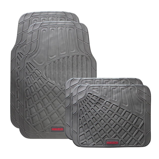 tapetes para auto mikel´s hule grueso gris juego de 4 tapetes NBR negros, 2 de 68 x 45 cm y 2 de 44 x 34 cm; vista frontal con dos delanteros grandes y dos traseros pequeños, bordes elevados, patrón de rejilla y ranuras antiderrapantes para retener lodo y líquidos, logo Mikel's rojo en la base; también usados para proteger cajuela o área de carga.