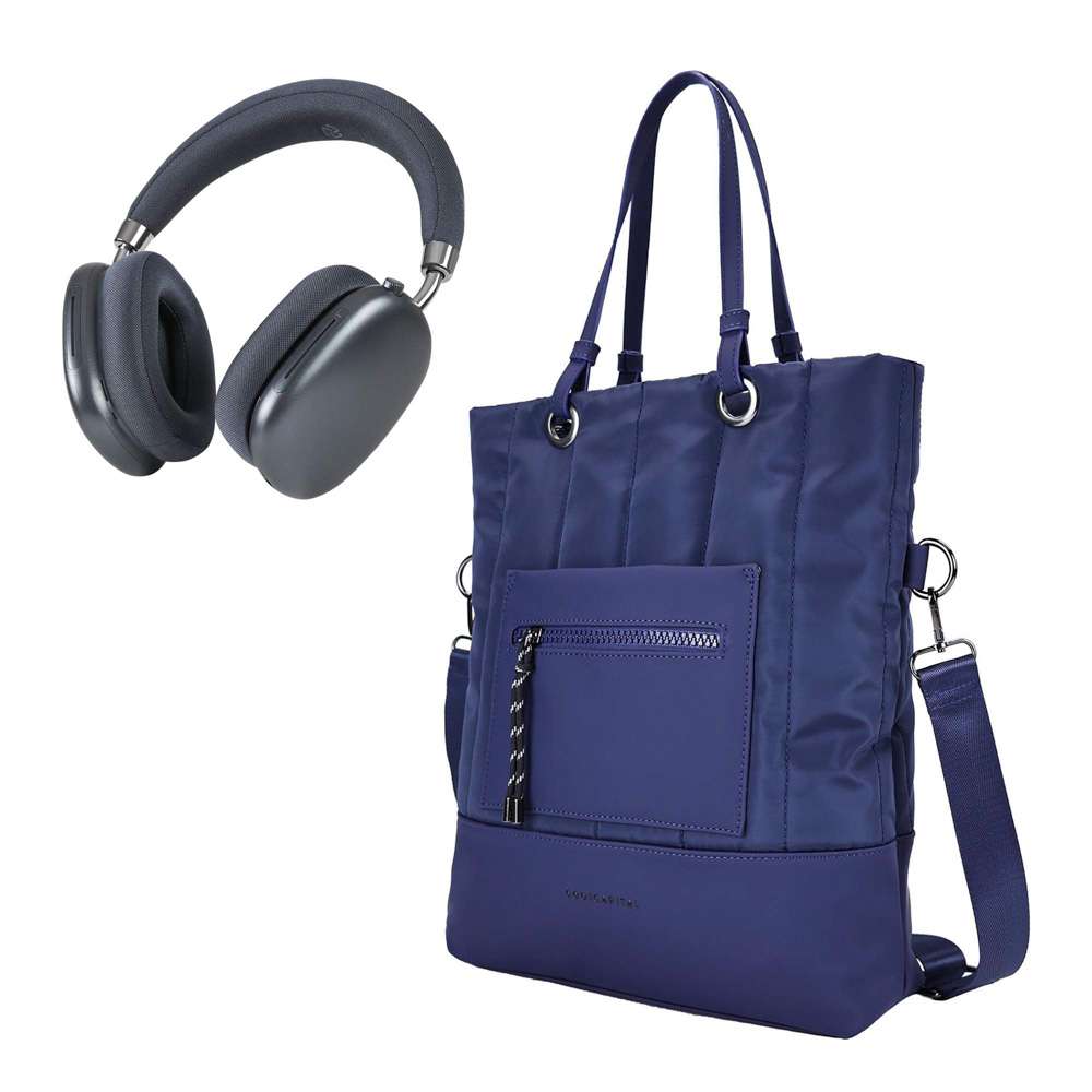 Combo Fuji tote bag para laptop 14in COOL CAPITAL y Cherry audífonos On Ear inalámbricos STF color azul