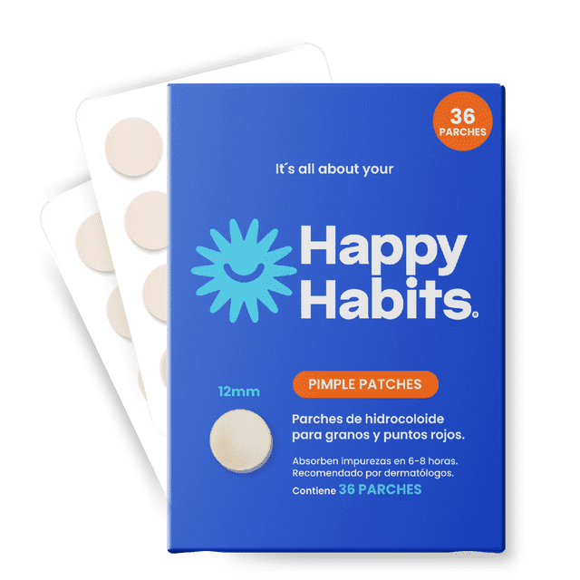 parches hidrocoloide acné granos espinillas away patch 36pz Caja frontal azul de Happy Habits con logotipo y rótulo naranja "36 PARCHES", leyenda 12 mm; dos blister traslúcidos muestran parches hidrocoloides redondos y transparentes en vista frontal centrada que indican diseño, tamaño y empaquetado; también usado para proteger puntos pequeños en viajes.