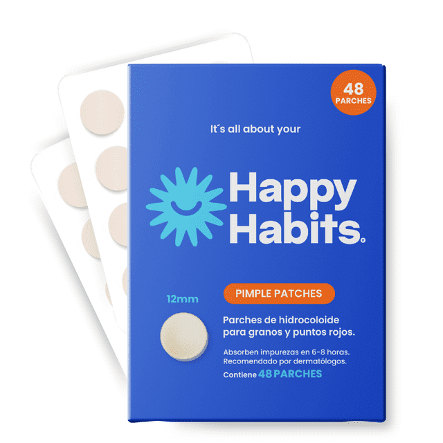 parches hidrocoloide acné granos espinillas away patch 48pz Caja azul frontal de Happy Habits con logotipo blanco y turquesa y sello naranja "48 parches", texto que indica diámetro 12 mm; dos láminas transparentes con parches hidrocoloides circulares beige visibles detrás del empaque, vista frontal centrada sobre fondo blanco; especificado para absorber impurezas y ayudar a reducir enrojecimiento, y a menudo usado para cubrir pequeñas irritaciones puntuales.