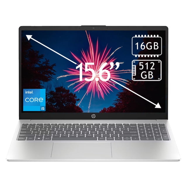 laptop hp 15-fb0215dx touch 15.6" core i5 16gb 512gb plata — Portátil HP color plata, vista frontal abierta con pantalla táctil FHD de 15.6" mostrando gráfico, teclado completo y touchpad centrado, logotipo HP en el bisel inferior. En pantalla se indican 16GB RAM y 512GB SSD y sello Intel Core i5; adecuada para multitarea y trabajo móvil, también usada con frecuencia para edición ligera y estudio.