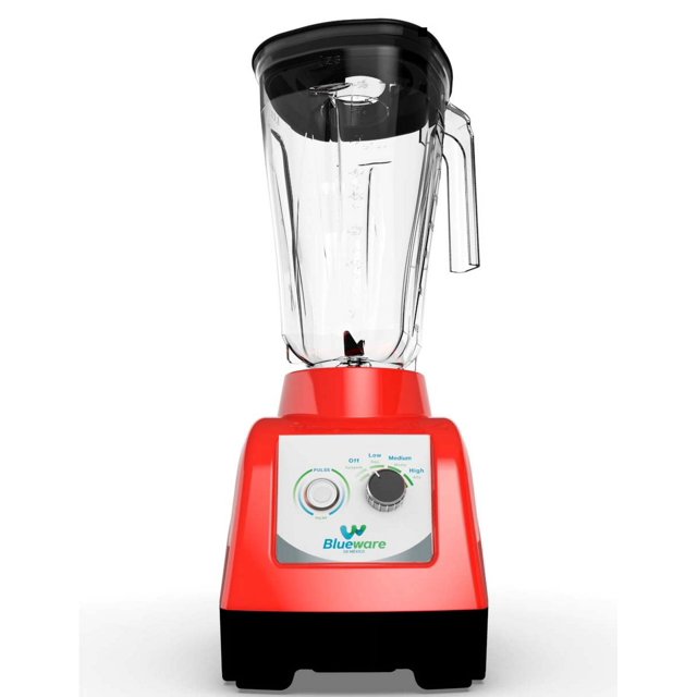 licuadora blueware 750 watts 3 vel vaso plastico 2 lts negro vista frontal, base negra con panel frontal plateado, perilla de 3 velocidades y botón de pulso; vaso plástico transparente de 2 L con tapa negra y asa lateral, cuchillas de acero inoxidable visibles e incluye tamper; adecuada como batidora para smoothies, salsas y preparación de alimentos.