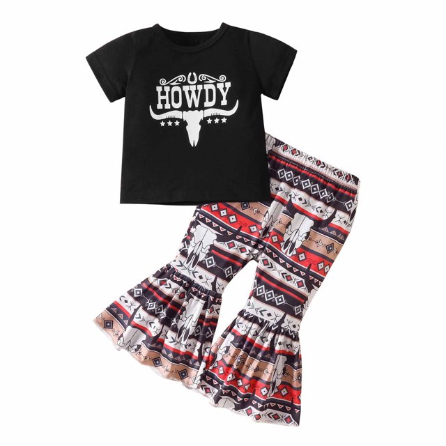 Conjunto De Algodón Con Cuello Redondo Para Niñas, Manga Corta, Pantalón Informal Con Estampado De Vaca, Conjunto De Pantalones Acampanados Odeerbi LM103-7307