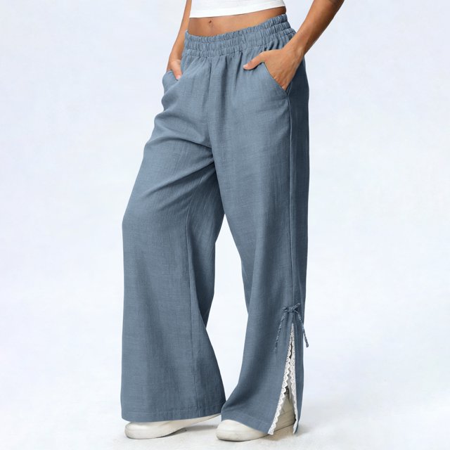 TaTaai olid Color Cotton Linen Women Casual Pants Wide Leg Breathable Machine Washable No Fading Lightweight Non See-through Daily Wear Full Length Trousers Gift