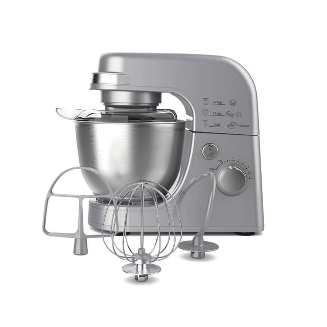 batidora de pedestal hamilton beach de 7 velocidades 63385 plata, vista frontal 3/4 con tazón de acero inoxidable de 3.8 L y protector contra salpicaduras; cuerpo plateado con perilla de 7 velocidades, cabezal inclinable y accesorios delante: gancho para masa, batidor de varillas y batidor plano; a menudo usada para preparar masas, cremas y batidos.