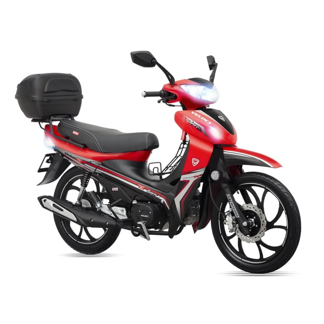motocicleta veloci argent x3 125cc 2026 rojo Vista 3/4 frontal de la Veloci Argent X3 125cc 2026 en rojo; silueta underbone con caja utilitaria trasera. Se muestran motor monocilíndrico 4 tiempos, escape deportivo, rines deportivos y espejos de aluminio, faro LED encendido, puerto USB y portacelular; transmisión semi-automática 4 velocidades y pedal de arranque visibles. A menudo usada para reparto ligero o traslado urbano.