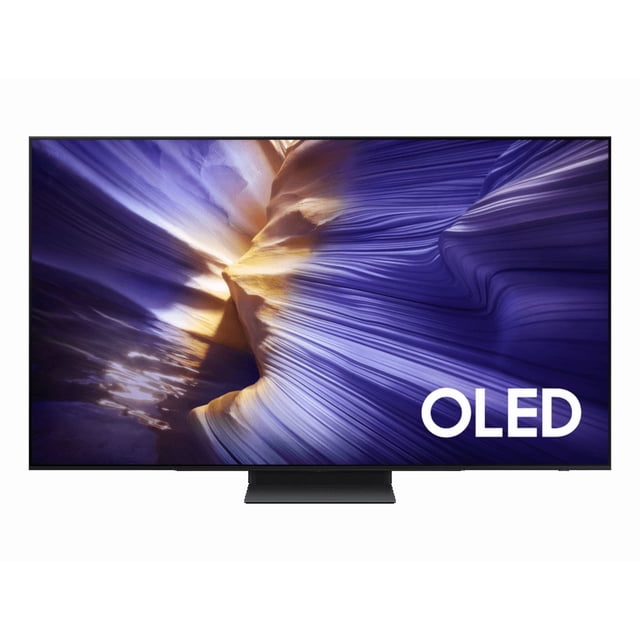 pantalla 55'' samsung oled 4k s90f vision ai smart tv (2025) frontal centrada, televisor negro de 55" con biseles muy delgados y base pedestal; pantalla OLED muestra un motivo abstracto azul y dorado y la leyenda OLED en esquina inferior derecha; según especificaciones integra Vision AI, escalado 4K y sonido Dolby Atmos.