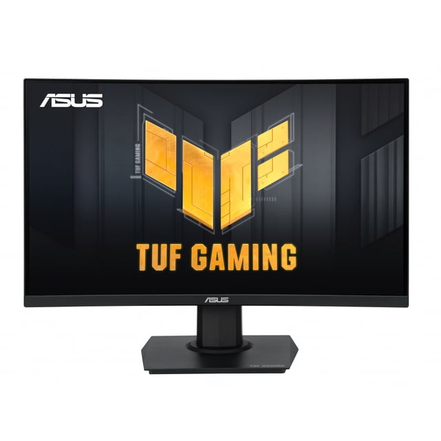 monitor gamer curvo asus vg24vqer lcd 23.6 pulgadas LCD Full HD 1920x1080 negro con curvatura 1500R, frecuencia de actualización 180Hz y AMD FreeSync; vista frontal centrada con logo ASUS arriba a la izquierda, borde frontal delgado y base rectangular con soporte ajustable; a menudo usado también como monitor secundario para estaciones de juego compactas.