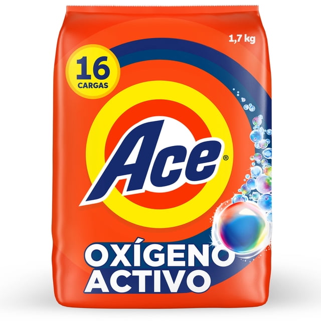 Detergente en Polvo Ace Limpieza Rápida, con Oxígeno Activo y Fácil Disolución, 16 Cargas (1.7 kg)