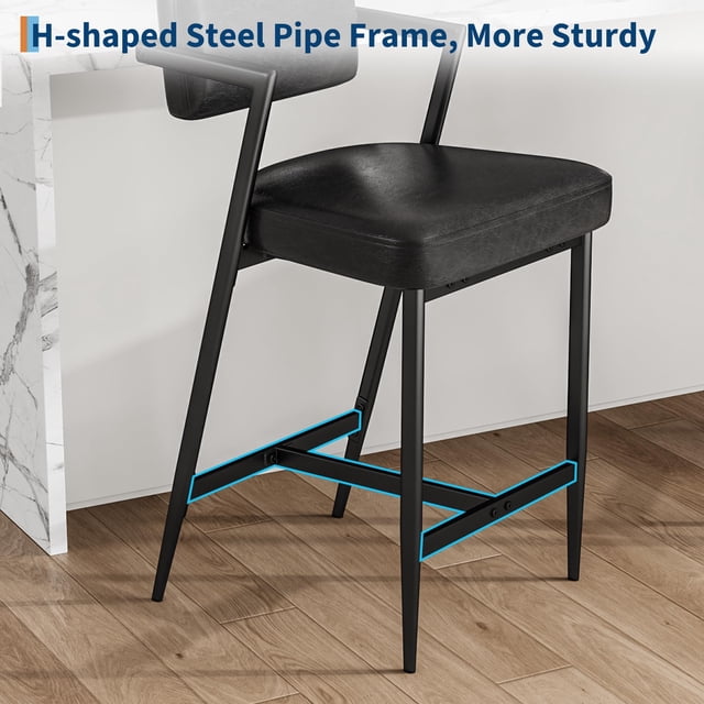 Bancos de Cocina con Respaldo Juego de 2 - Acabado Negro Texturizado Tipo Lychee - Reposabrazos Integrados y Asiento Grueso - Marco Metálico Estable para Barra o Comedor