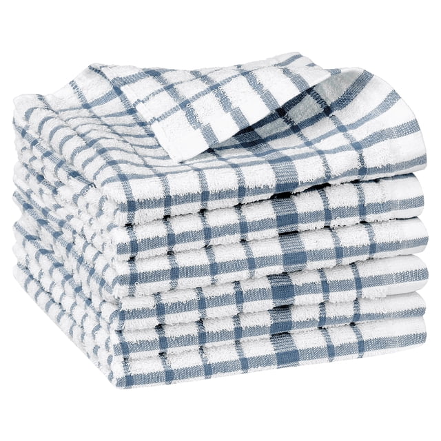regalwoven 100% toallas de cocina de algodón 6 paquetes, azul 6 — seis toallas 14 x 14 pulg. apiladas, algodón blanco con cuadros y rayas azules, bordes reforzados y textura de rizo absorbente visible; lavables a máquina y aptas para secar platos y proteger utensilios; suelen usarse también para limpiar superficies de cocina.