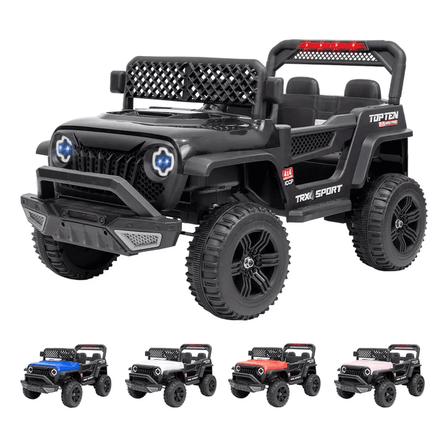 carro eléctrico jeep niño montable infantil control remoto color negro Jeep montable en vista frontal 3/4, color negro con parrilla y faros LED azules, volante y asiento doble, puertas tipo media puerta, neumáticos todoterreno y arco superior con luces LED rojas; incluye control remoto, Bluetooth y entrada USB-C, soporta hasta 30 kg, apto para jardín o parque y para manejo con control remoto por un adulto.