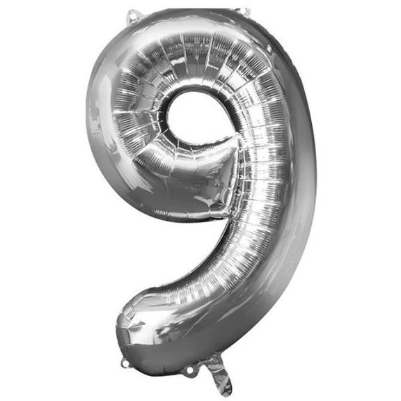 GLOBO METALICO DE NUMERO NUEVE GIGANTE 80CM PLATEADO