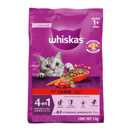 Alimento Seco para Gatos Adultos Whiskas® 4 en 1, 100% Nutrición Completa y Balanceada – Sabor Carne 3kg