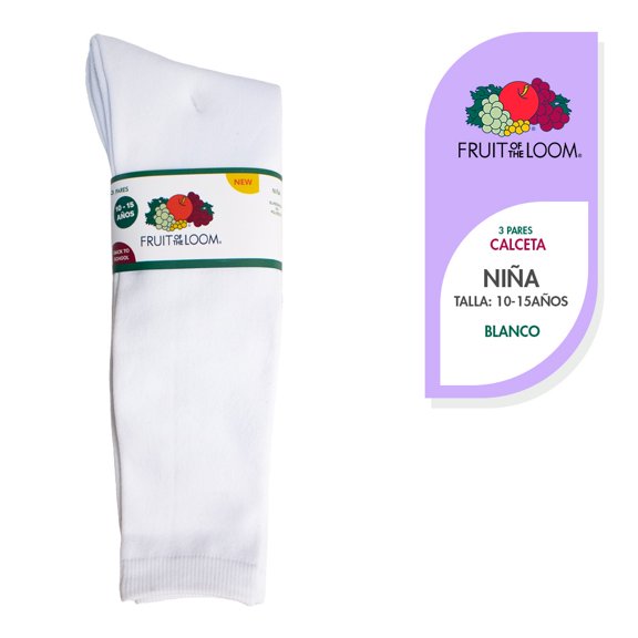Calceta Fruit Of The Loom para Niña, sin Felpa Blanca Talla G, 3 Pares