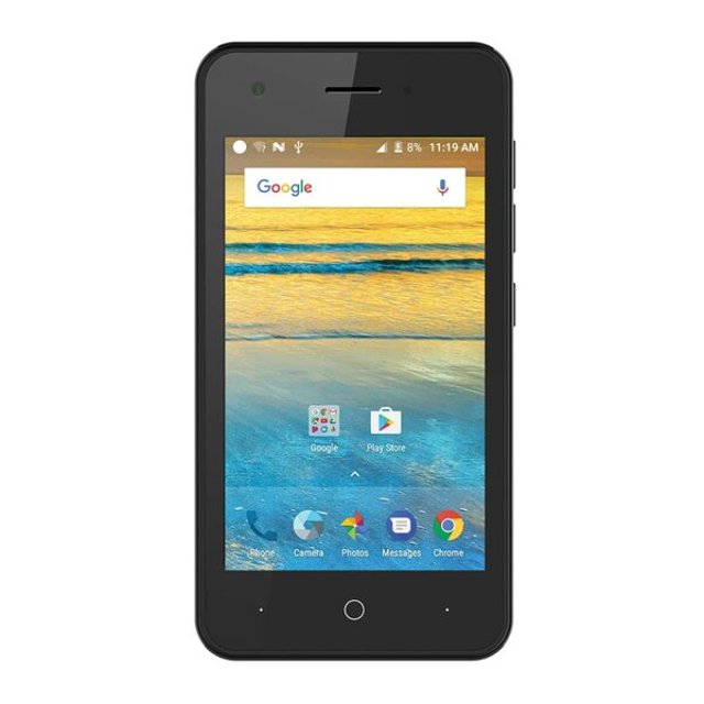 smartphone zte blade l130 negro 8gb 1gb ram desbloqueado frontal centrado con pantalla TFT de 4 pulgadas (480 x 800 px) mostrando Android 9 Go, cámara frontal en el bisel superior, botón táctil circular en el borde inferior y teclas de volumen y encendido en el costado; suele usarse también como teléfono secundario para viajes.