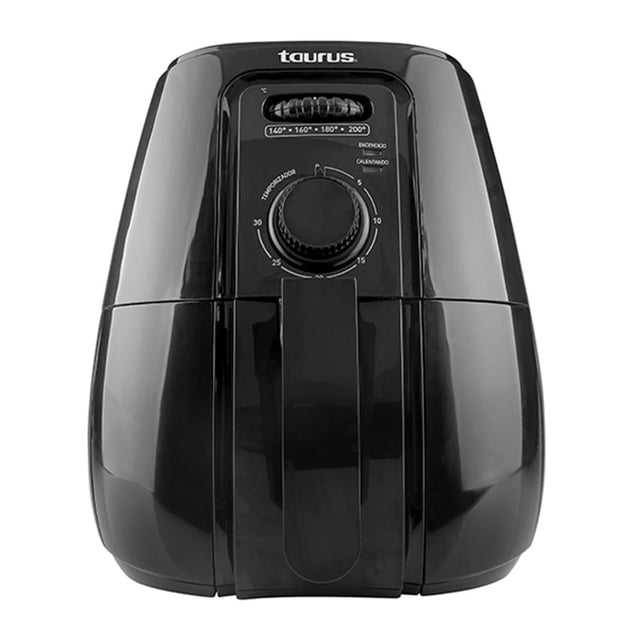 freidora de aire taurus hermes 4 litros negra, vista frontal centrada con canasta extraíble y panel mecánico visible; carcasa negra brillante con logo Taurus, regulador de temperatura y temporizador; ideal para asar, tostar y freír con convección y también apta para recalentar alimentos rápidamente.