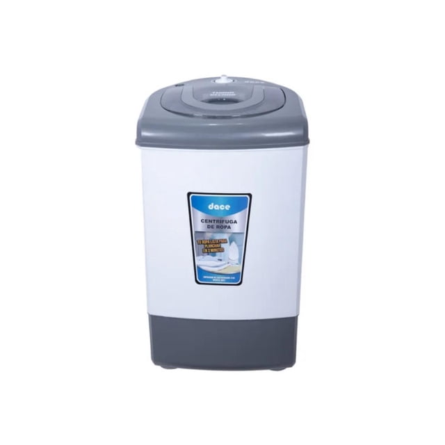 centrifugadora dace sd37 color blanco de 8 kg centrífuga frontal, cuerpo blanco y tapa gris con panel de control, etiqueta frontal con logo Dace y base gris; tina de acero inoxidable y seguro de frenado según especificaciones, 1,600 revoluciones por minuto, compacta y fácil de transportar; a menudo usada para escurrir ropa de viaje.