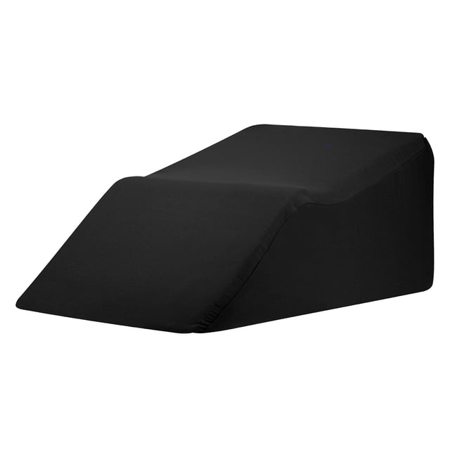 almohada elevación de piernas y disminución de pies hinchados dr joohn basic poliuretano cojín ortopédico negro 61x43x28cm, vista 3/4 frontal con rampa para elevar piernas y tobillos; núcleo de espuma de alta densidad y funda extraíble 100% poliéster; favorece el retorno venoso y reduce hinchazón, y suele usarse también para apoyar piernas al leer o descansar.
