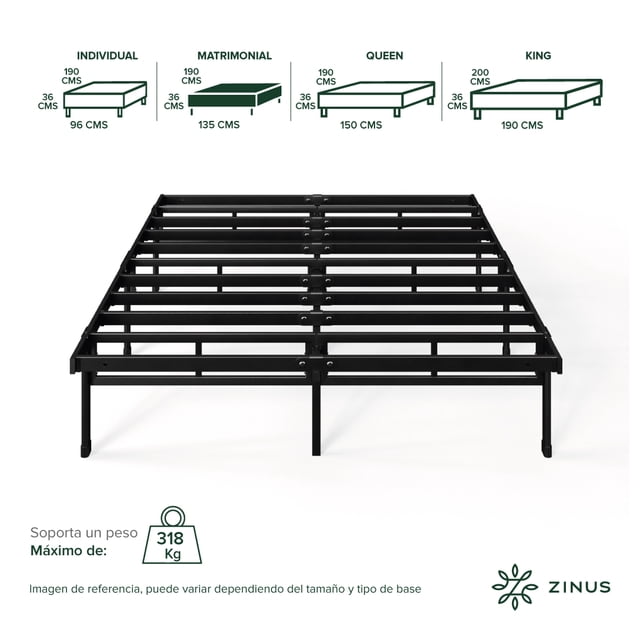 base de cama matrimonial zinus justin de metal resistente montaje fácil para todas las edades base metálica negra, vista frontal centrada con 9 tiras de acero transversales y refuerzo central, patas tubulares y 36 cm de espacio libre debajo para almacenamiento, apta para usar sin somier y con capacidad hasta 315 kg; incluye piezas y herramientas para armado simple en casa.