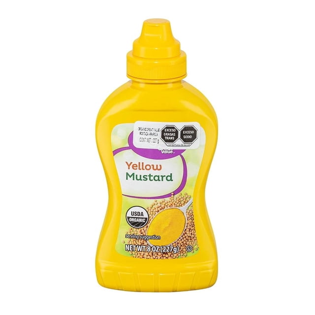 mostaza orgánica great value amarilla 227 g botella exprimible frontal, envase plástico amarillo con tapa dosificadora; etiqueta con texto 'Yellow Mustard', sello USDA Organic, ilustración de semillas y polvo de mostaza, condimento ideal para hamburguesas y hot dogs, net wt 8 oz (227 g).