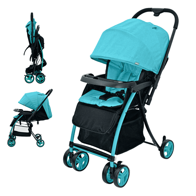 carriola para bebé prinsel golf lx plegable y reclinable azul, carriola 3/4 frontal con chasis negro, capota retráctil, bandeja frontal y arnés de 5 puntos; reclinado en 4 posiciones, canasto inferior y 6 ruedas cuádruples, plegado compacto con una mano y peso 7 kg; adecuada para salidas cortas y uso diario.