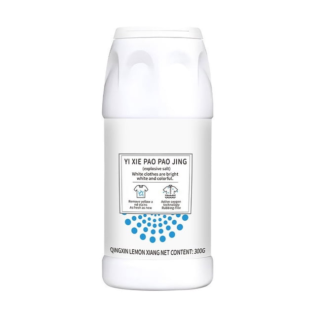 removedor de manchas para ropa, limpiador de prendas y calzado, potenciador de blanqueo con percarbonato de sodio para eliminación de manchas, aclarado y limpieza profunda — envase blanco cilíndrico frontal con tapa, etiqueta central con pictogramas de ropa y calzado y puntos azules; pensado para remojo sin frotar y eliminación de amarillamiento en textiles y calzado.