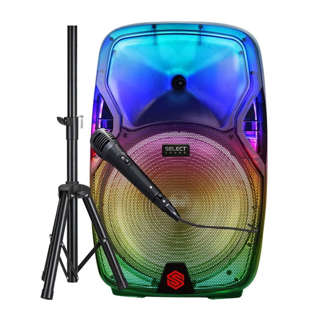 bocina bafle inalámbrica select sound bt1507 con micrófono y tripie luz led negra, vista frontal centrada con rejilla circular y logo Select Sound; micrófono dinámico con cable y tripié metálico ajustable a la izquierda; aro de luz RGB multicolor alrededor del cono, pantalla LED y controles para volumen, bajos, agudos y eco; puertos USB y ranura TF visibles; ideal para karaokes y presentaciones portátiles.