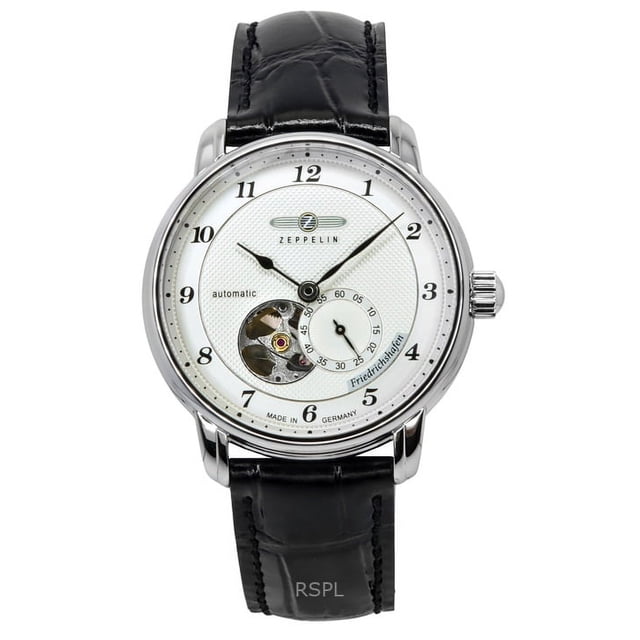 zeppelin friedrichshafen leather strap silver open heart dial automatic 85664 men's watch plata correa de cuero, vista frontal centrada con caja de acero plateado y esfera blanca texturizada, numerales arábigos negros, ventana de esfera abierta (open-heart) a las 7 h que expone parte del movimiento automático, subesfera de segundos a las 4 h, manecillas tipo hoja y corona a las 3 h, correa negra con pespuntes visibles.