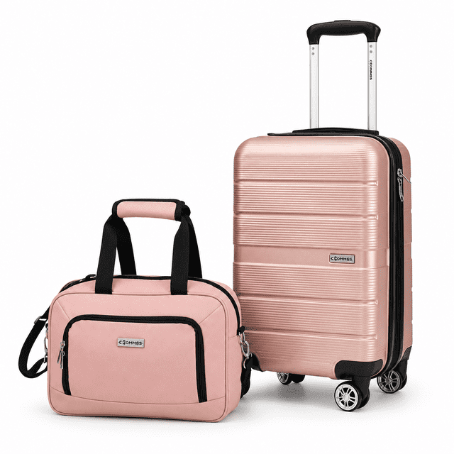 maleta de mano de 20 pulgadas rigida expandible con neceser impermeable carry on Oro rosa Compass Chicago, vista 3/4 frontal de maleta rígida ABS y poliéster 600D con textura estriada, trolley telescópico, 8 ruedas multidireccionales 360°, cremallera de expansión y candado TSA integrado visible; neceser a juego rosa con asas y bolsillo frontal, apto también como organizador de viaje para artículos personales.