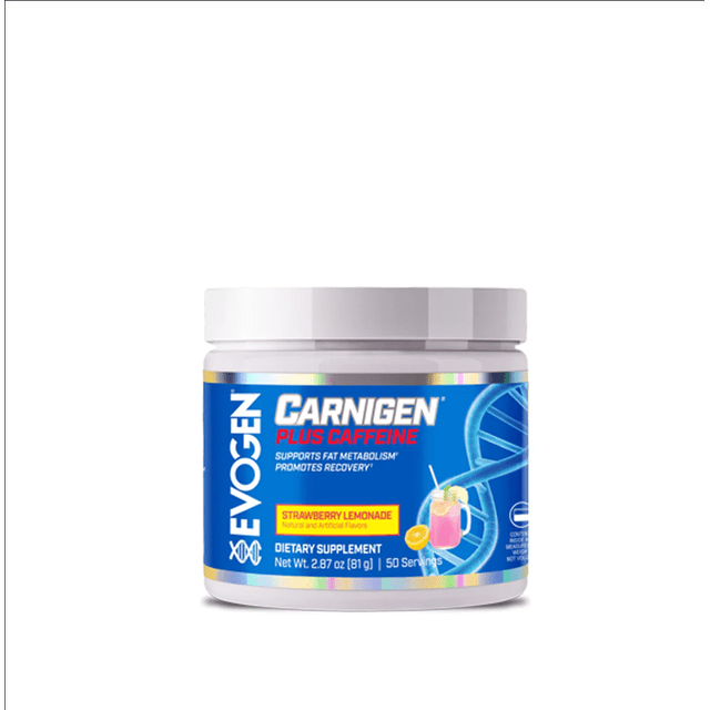 evogen carnigen (plus) 50 serv strawberry lemonade tarro frontal, suplemento en envase blanco con etiqueta azul y acentos amarillos, marca Evogen y texto Carnigen Plus Caffeine, sabor Strawberry Lemonade indicado y 50 servicios, vista centrada sobre fondo blanco.