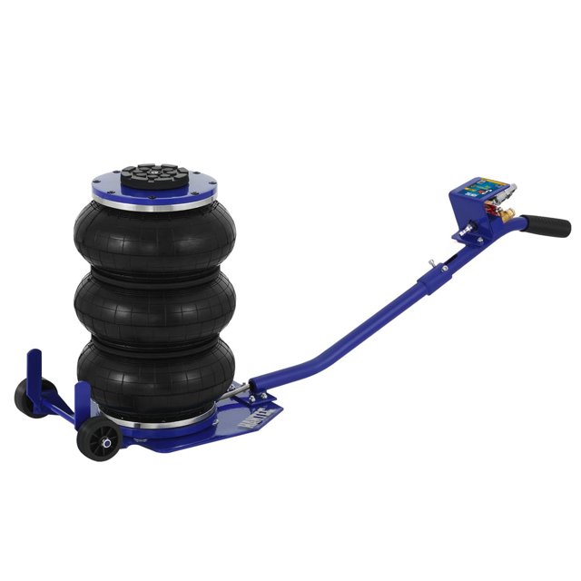 gato neumático air bag 3 toneladas Hantec azul, vista 3/4 frontal del gato con bolsa de aire triple negra, base metálica azul con ruedas, brazo largo con empuñadura y válvula de conexión para compresor; capacidad 3 toneladas, elevación en 5 segundos; a menudo usado como ayuda en talleres y para mantenimiento móvil ligero.