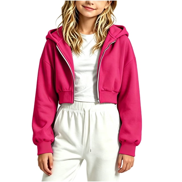Sudadera con capucha y cremallera de manga larga de color liso para niñas, estilo casual y holgado, ideal para invierno, tallas 120-170.