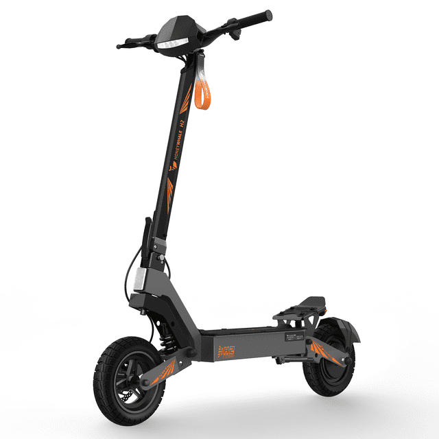 scooter eléctrico plegable honey whale h2 gris vista 3/4 frontal; patinete de aluminio sólido gris con detalles naranjas, manillar con pantalla LED, plataforma ancha, llantas 10” con neumáticos de vacío, doble amortiguador delantero y trasero, frenos de disco + freno electrónico, peso 25 kg y autonomía 50 km; ideal para movilidad urbana y trayectos diarios, y a su tamaño compacto suele usarse en campus o recorridos cortos de reparto.
