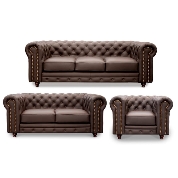 Sala de Piel Genuina Clásico 3-2-1, Sofá, Love Seat y Sillón,  6 plazas, Modelo Chesterfield P/V, Color Chocolate, Elegante, cómodo y Clásico, Hecho en Mexico. Medidas:  220 cm, 185 cm, 110 cm.