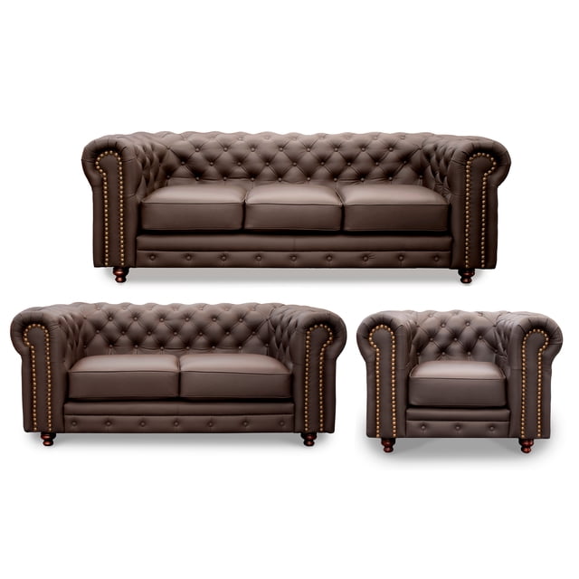 sala de piel genuina clásico 3-2-1, sofá, love seat y sillón, 6 plazas, modelo chesterfield p/v, color chocolate, elegante, cómodo y clásico, hecho en mexico. Conjunto frontal: sofá 3 plazas (220 cm) arriba; abajo, love seat 2 plazas (185 cm) y sillón 1 plaza (110 cm). Asientos, respaldo y brazos en piel genuina con capitoné profundo y brazos enrollados; laterales y traseras en piel sintética chocolate, costura al tono y tachuelas doradas. Patas de madera y cojines con espuma de poliuretano. Fondo blanco, encuadre centrado. También apropiado para salas de espera o despachos por su estilo clásico.