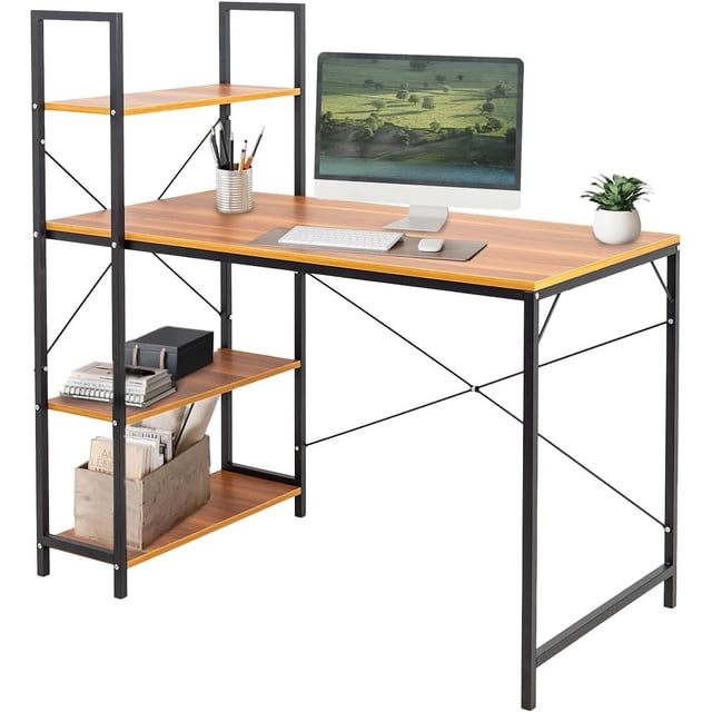 escritorio con repisa para computadora o laptop diseño minimalista mesa moderna con estructura resistente mueble para casa o oficina resistente soporta hasta 120 kg (cafe) Vista frontal 3/4 de escritorio minimalista color café con tablero rectangular y tres repisas a la izquierda; estructura metálica negra con cruces de refuerzo, tablero y repisas con acabado madera, superficie de 120 x 47.2 cm y 71 cm de alto, estante inferior a 25.7 cm ideal para impresora o archivadores, montaje sencillo; adecuado como espacio de trabajo para laptop o computadora en casa u oficina.