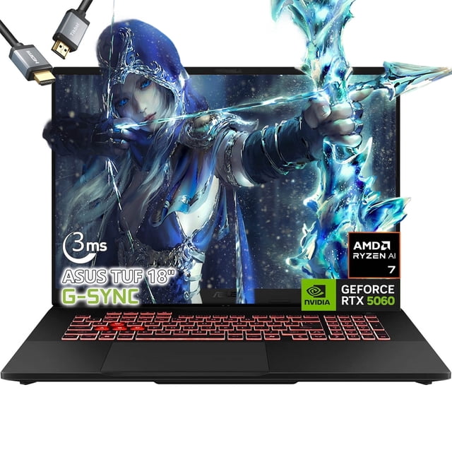 asus tuf a18 pulgadas gaming laptop - amd ryzen 7 260 beat i9-13905h - nvidia rtx 5060 - pantalla wuxga de 18" - 32gb de ram - 1tb ssd - teclado retroiluminado rgb - cámara fhd - laptop para gamer. Vista frontal centrada de la laptop negra abierta con pantalla IPS de 18" mostrando arte de videojuego, teclado chiclet RGB iluminado, biseles estrechos, touchpad ancho y carcasa plana; rótulos en pantalla indican G-SYNC y GeForce RTX 5060, cable HDMI visible. También suele usarse como estación portátil para edición y streaming por su pantalla grande y puertos USB-C/Thunderbolt.