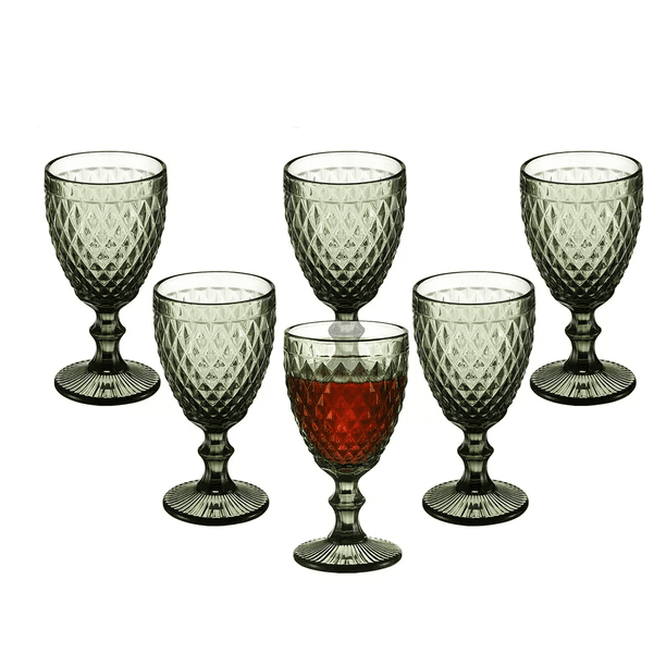 Juego 6 Copas Vino Agua Cristal Labrado Vidrio, Verde