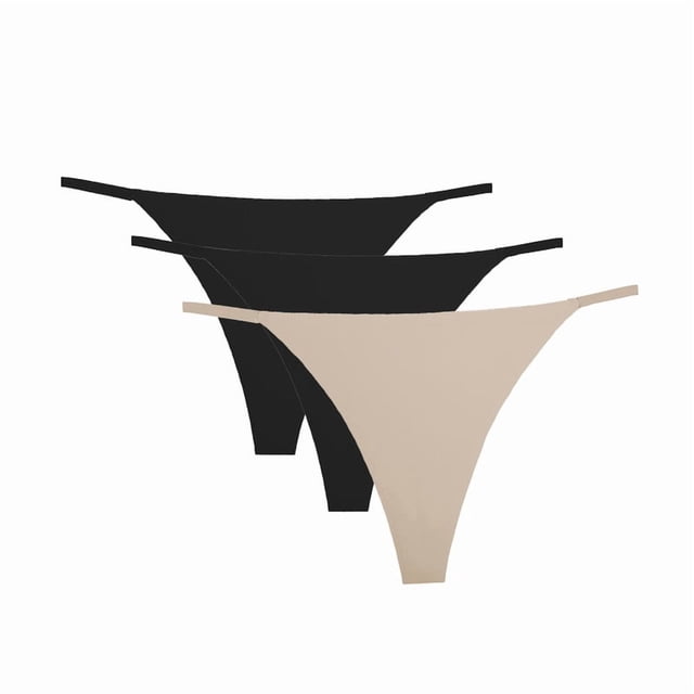 tangas vicky form para mujer, corte clean cut lisa ultra delgada multicolor talla ch 3 piezas paquete con tres tangas Vicky Form en vista frontal; tanga ultradelgada con laterales finos, una en beige y dos en negro sobre fondo blanco, ideal para usar con ropa ajustada y para uso diario.