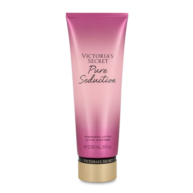 victoria's secret pure seduction 236ml body lotion victoria's secret pure seduction tubo frontal de loción corporal 236 ml en degradado rosado con texto negro y base dorada, fragancia floral frutal con notas de fresia, ciruela y manzanilla; suele usarse también para perfumar prendas pequeñas o llevar en el bolso durante viajes.
