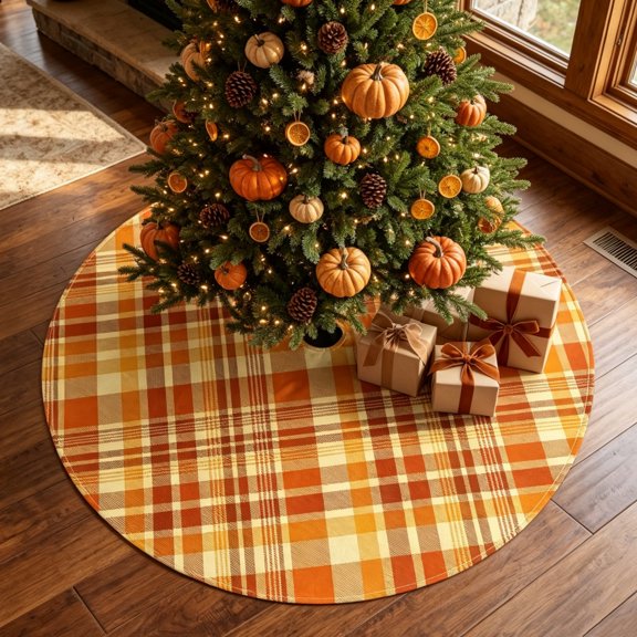 35.4 Pinch Fall Plaid Christmas Tree Skirt Orange Buffalos Check Harvestes Thanksgiving Tree Base Cubierta Otoños Decoración del hogar