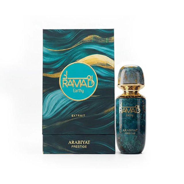 perfume yunaa beauty arabiyat prestige ramad earthy 100 ml botella y caja frontal; botella cilíndrica marmoleada verde oscuro con acabado brillante, tapón redondeado y cuello con detalle dorado entrelazado, texto dorado 'RAMAD Earthy' en el cuerpo; caja vertical marmoleada verde con vetas doradas y emblema circular dorado, texto 'ARABIYAT PRESTIGE' en la base; fondo blanco uniforme, iluminación que acentúa reflejos metálicos. Ideal como pieza de colección y exhibición en tocador.