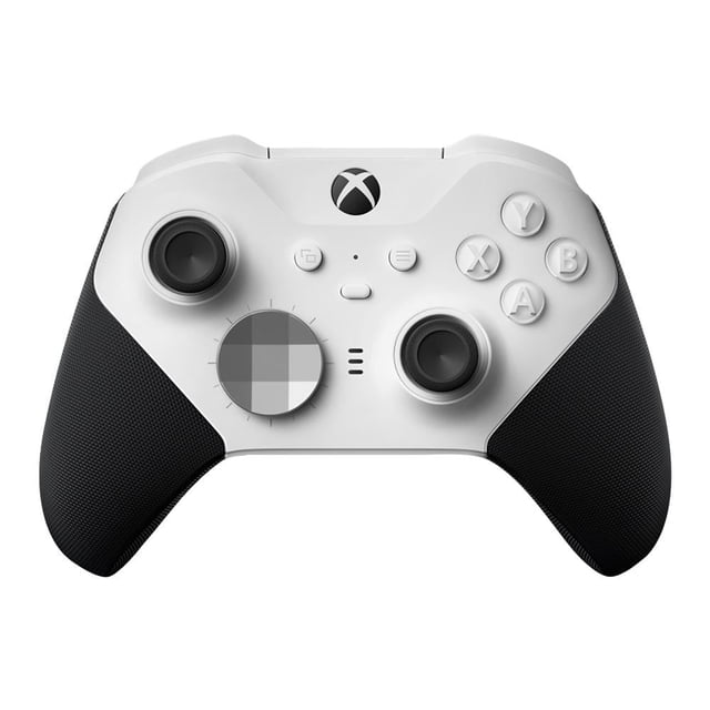 control inalámbrico xbox one series elite 2 blanco mando centrado frontal, carcasa blanca con grips negros texturizados, palancas con tensión ajustable visibles, D-pad tipo dial metálico, botones ABXY en blanco, botón Xbox superior y entrada de auriculares 3.5 mm; permite guardar hasta 3 perfiles personalizados y ofrece hasta 40 horas de batería.